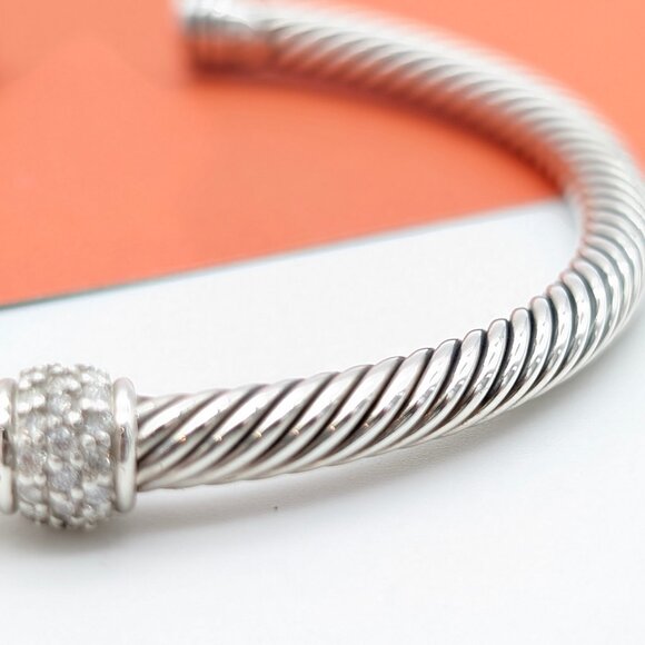 DAVID YURMAN 4MM Sterling Silver Diamond Single Station Barrel Bracelet 7 Inch - Picture 3 of 8